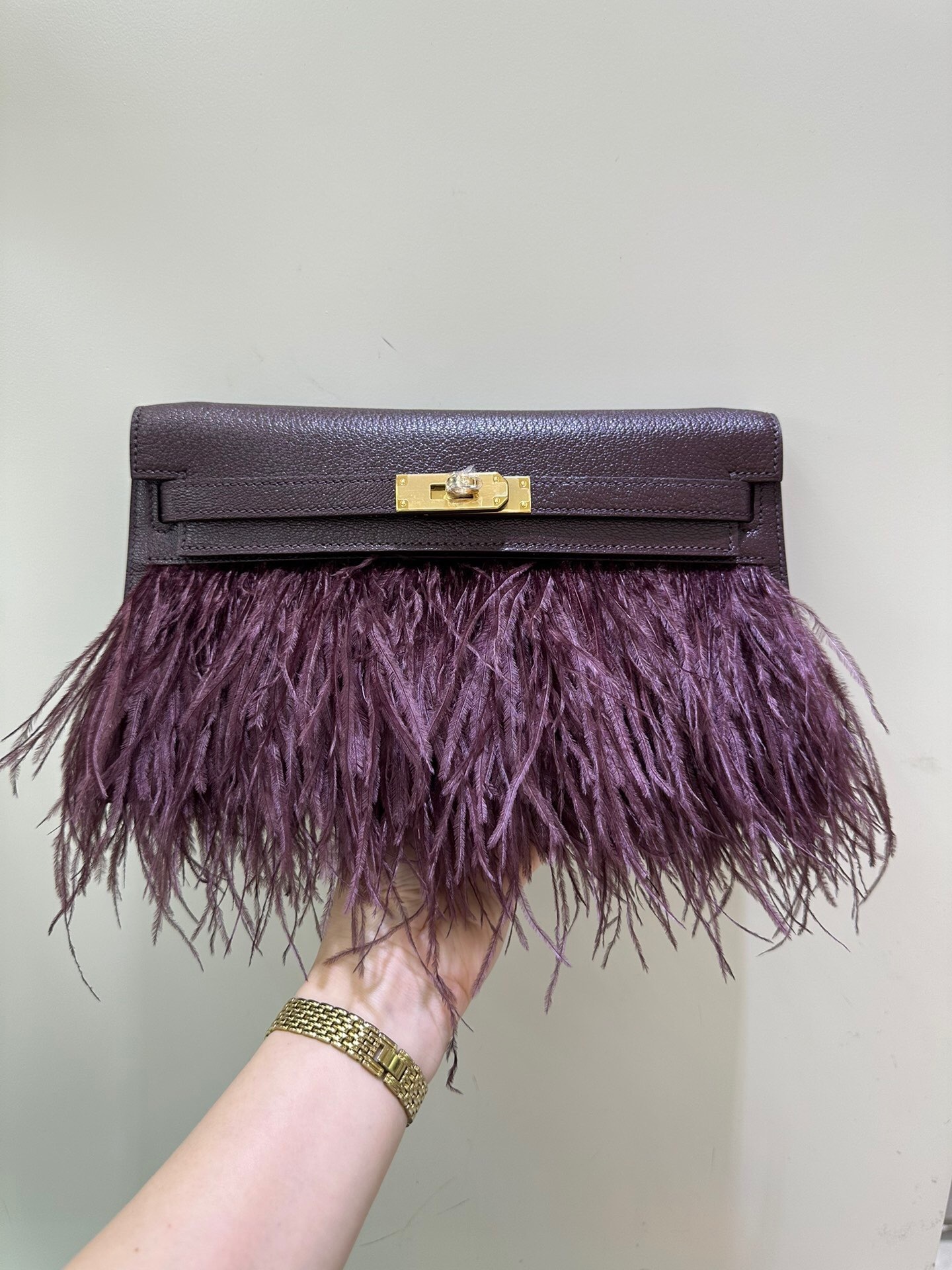 Hermes Kelly Elan Folie bag in black chevre leather with ostrich feathers