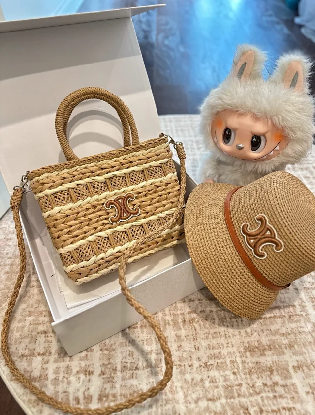 Celine Small Cabas Thais bag in raffia and calfskin leather