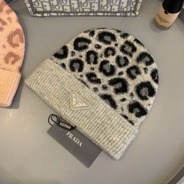 Prada beanie hat with a leopard print design
