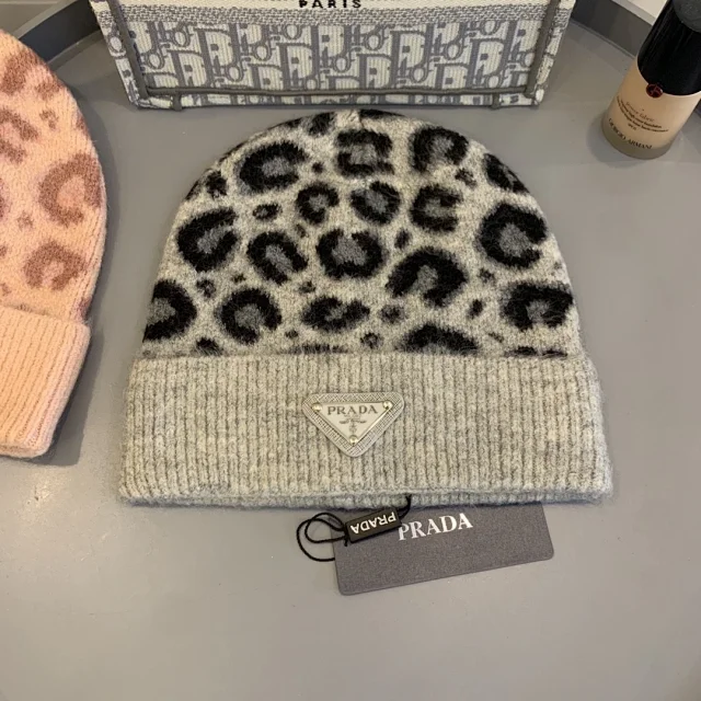 Prada beanie hat with a leopard print design