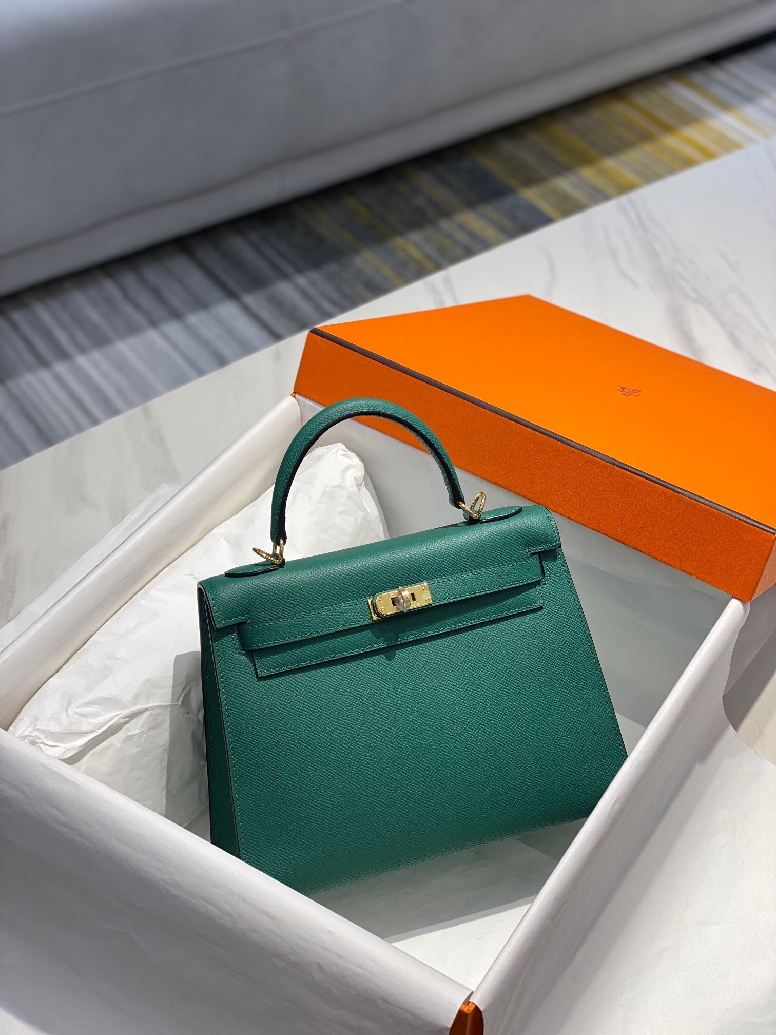 Hermes Kelly 25 Vert Jade Sellier Epsom leather handbag with gold hardware