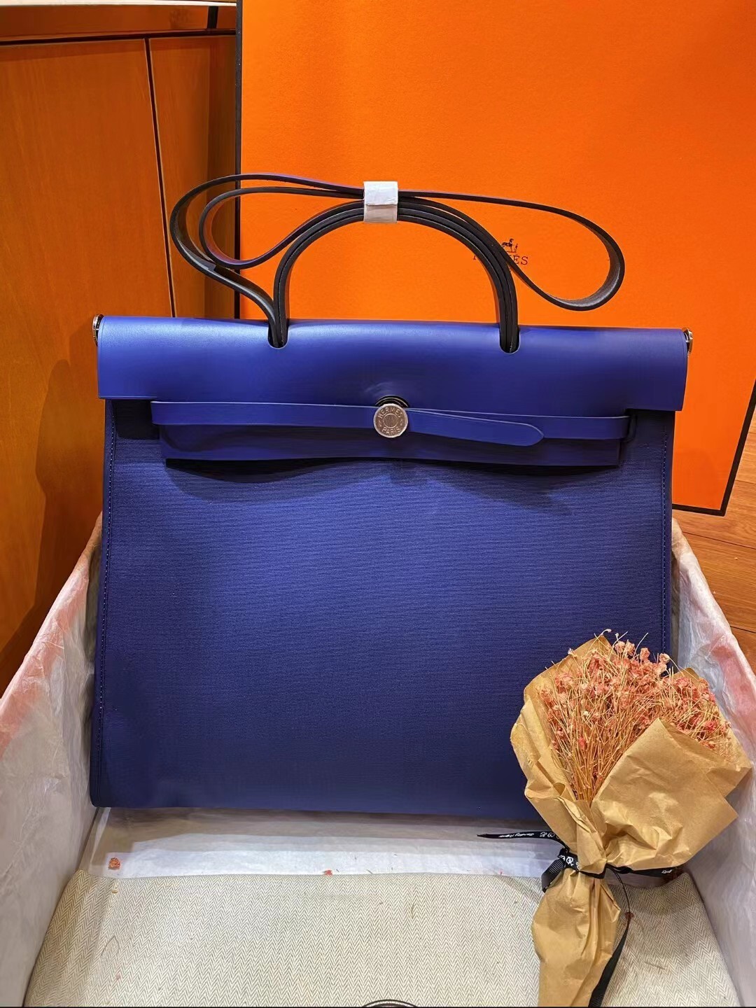 Hermes Herbag Zip 31 bag in blue canvas and leather