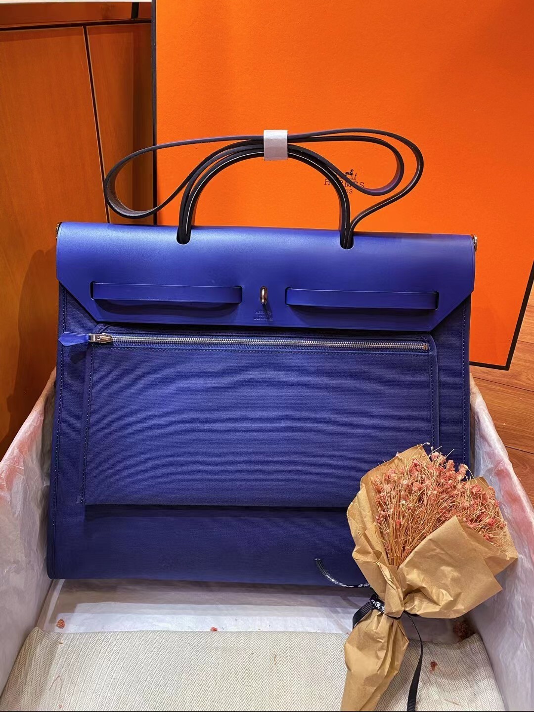 Hermes Herbag Zip 31 bag in blue canvas and leather