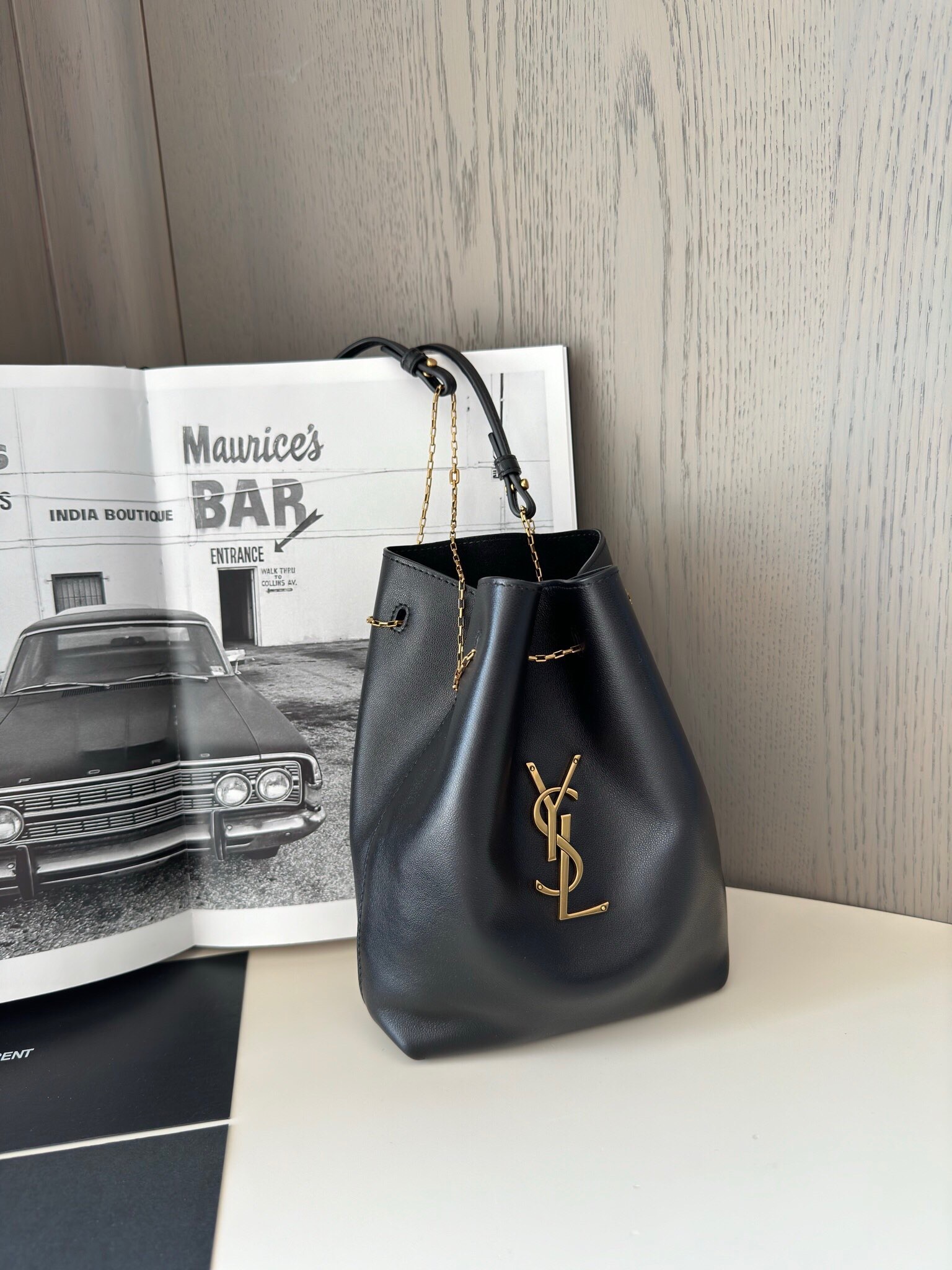 Saint Laurent Paris VII bucket bag in black lambskin leather