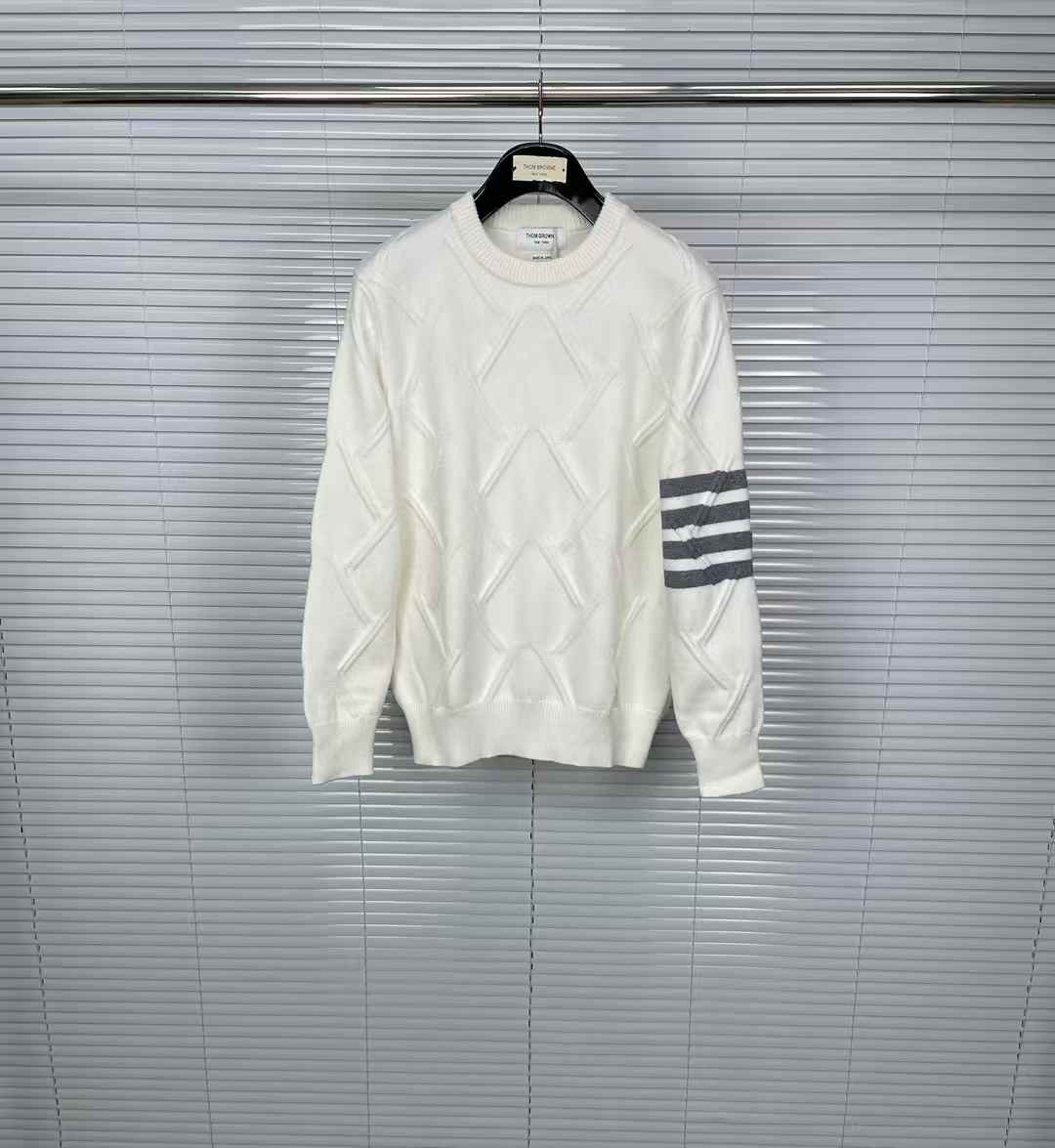 Thom Browne 4-Bar crew neck sweater in white with a textured or jacquard knit pattern