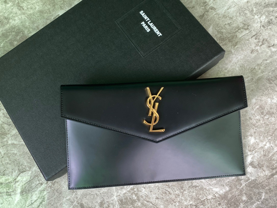Saint Laurent Uptown pouch in black leather with a gold-toned YSL logo