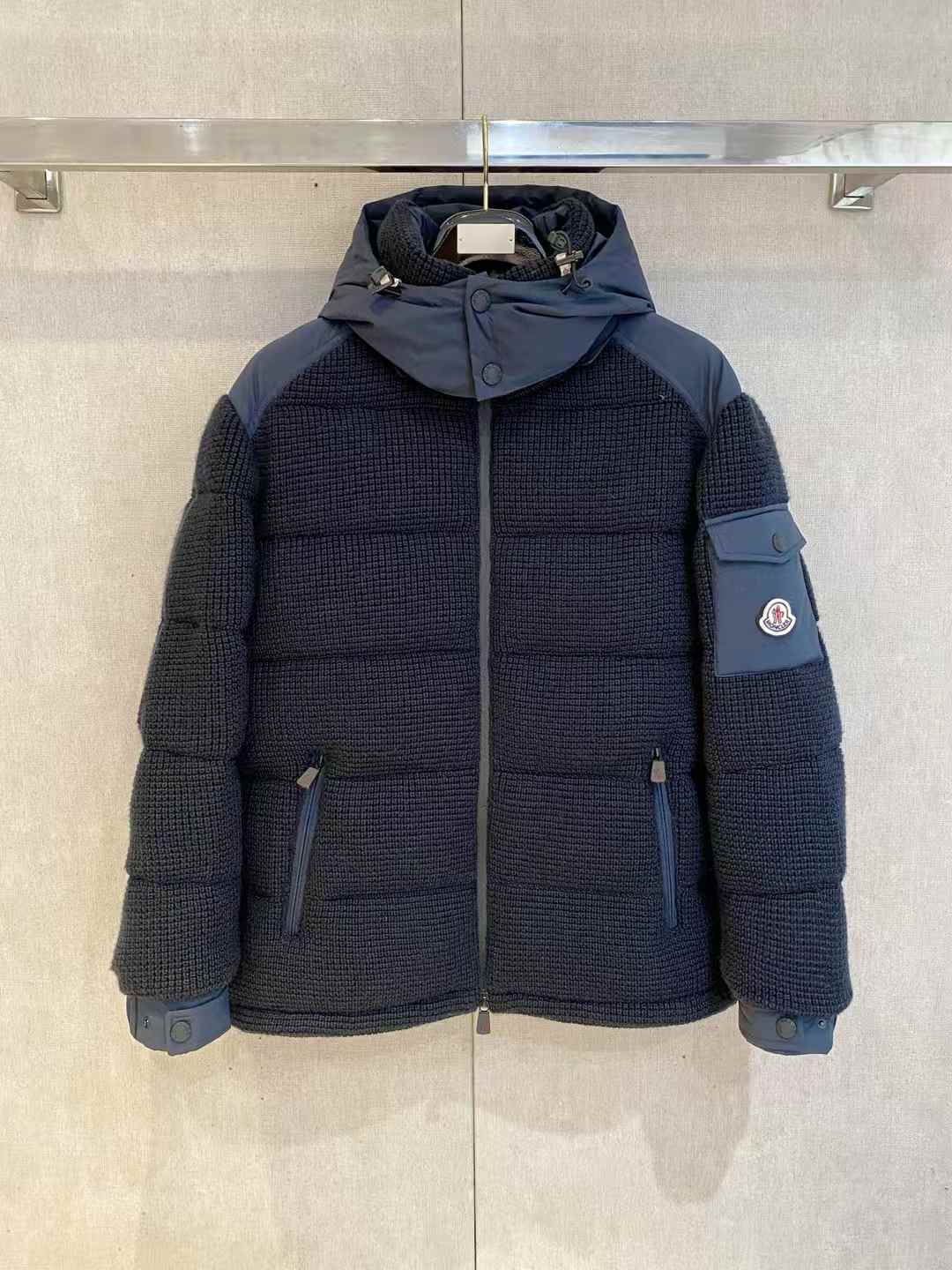 Moncler Lagdei men's down jacket in navy, crafted from a wool blend with water-repellent inserts