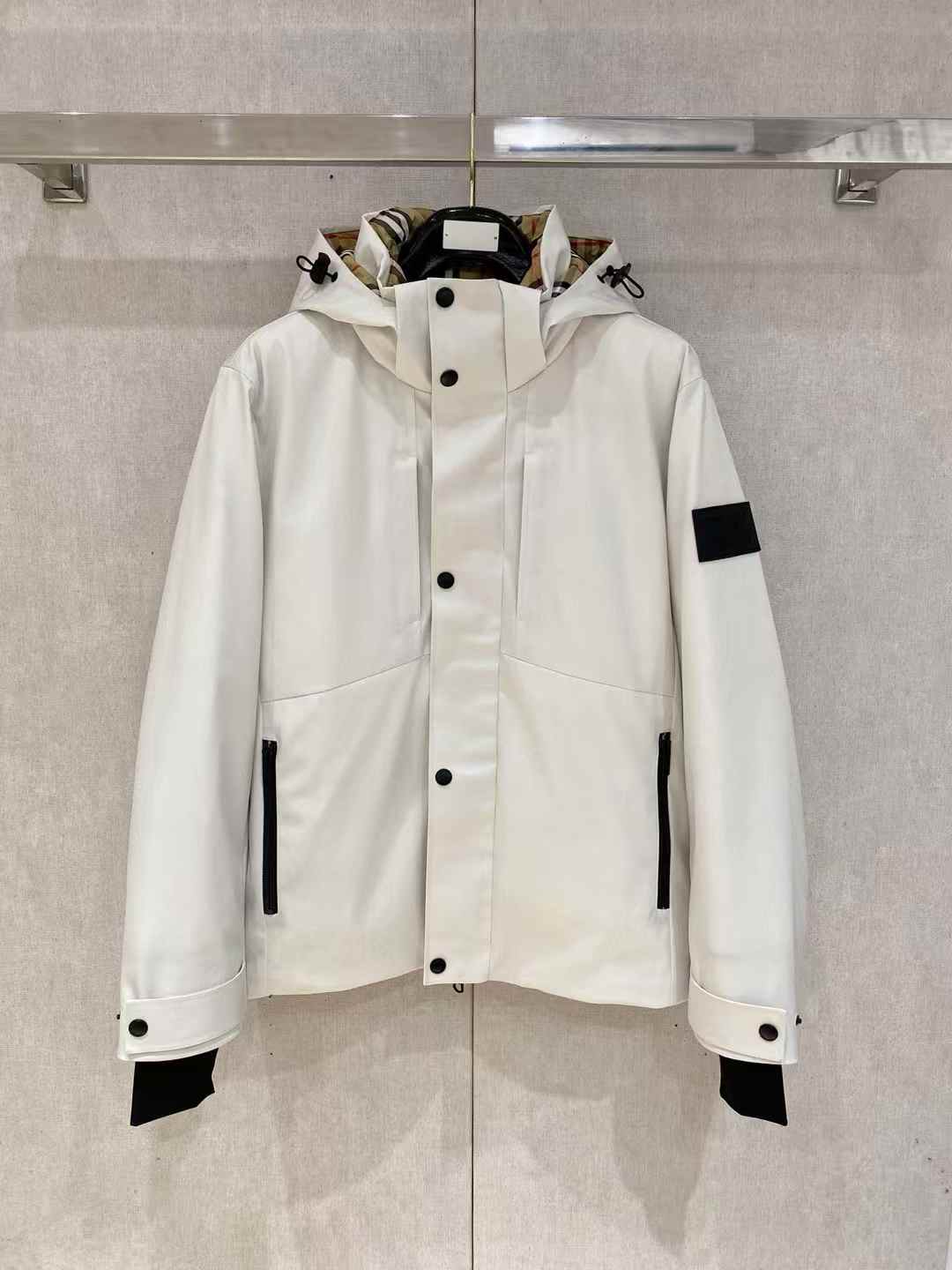 Burberry Check Puffer Jacket in white with a detachable hood