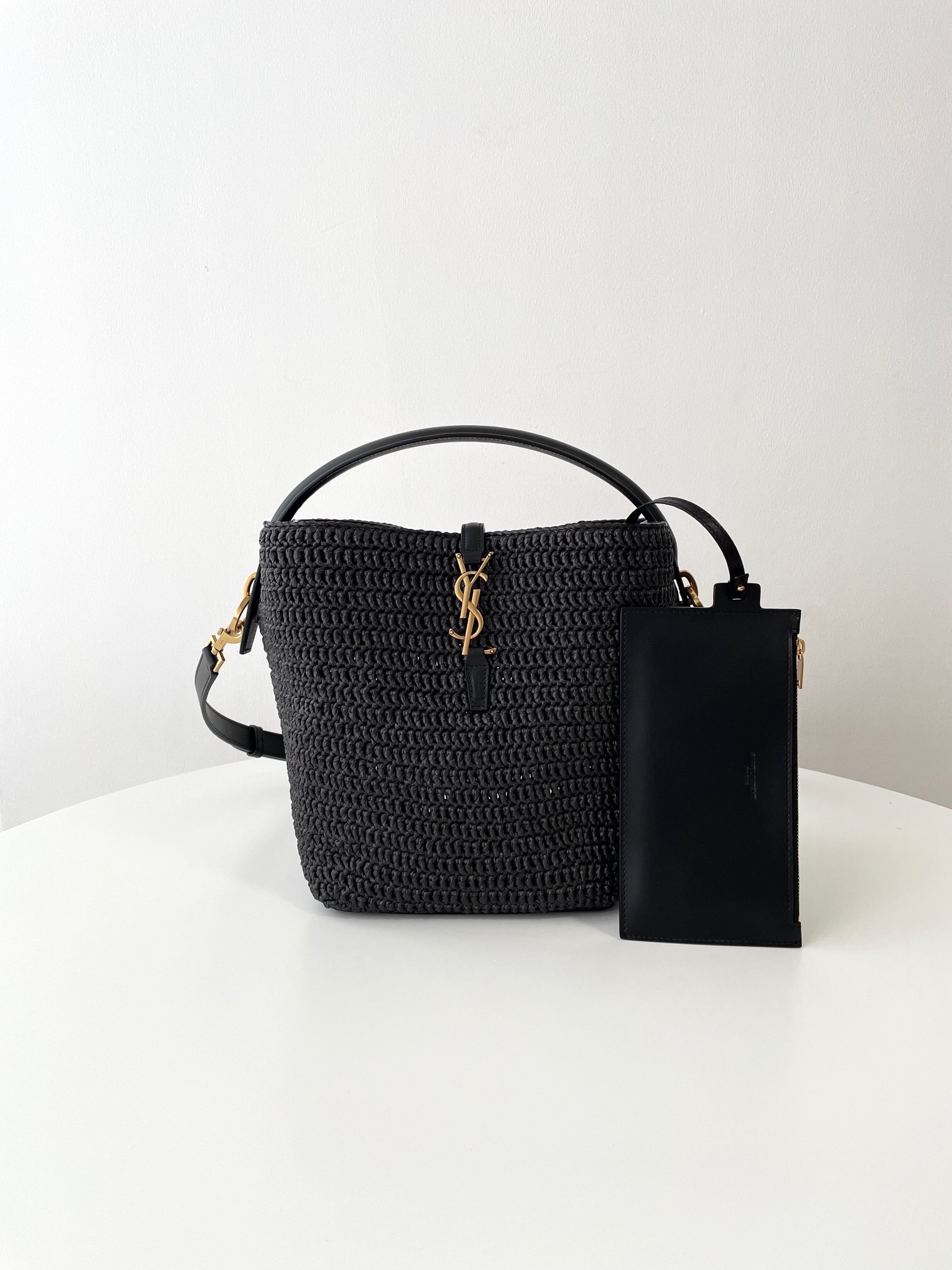 Saint Laurent Le 37 black raffia and leather bucket bag