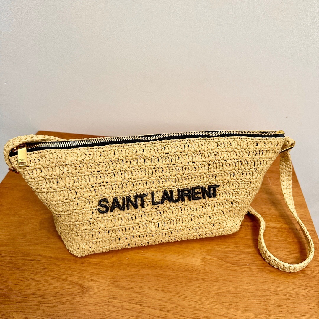 Saint Laurent Logo-Embroidered Raffia Messenger Bag