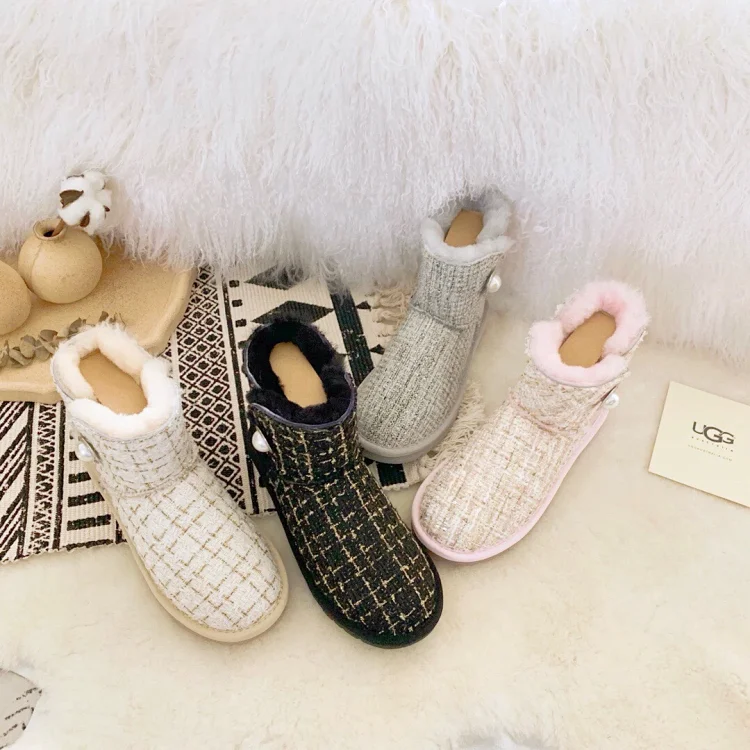 UGG women's snow boots with fleece lining and tweed-like patterned uppers.