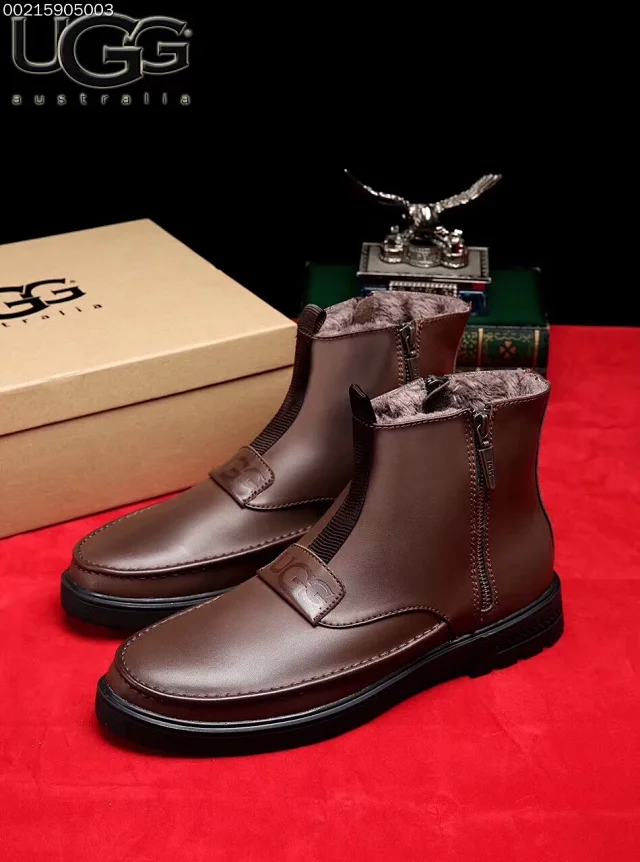 UGG  men's brown leather boots with a side zipper and fur lining