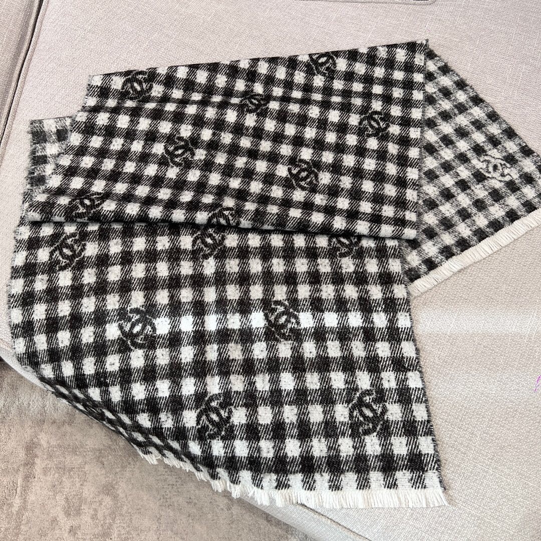 Chanel  black and white gingham scarf with the Chanel logo
