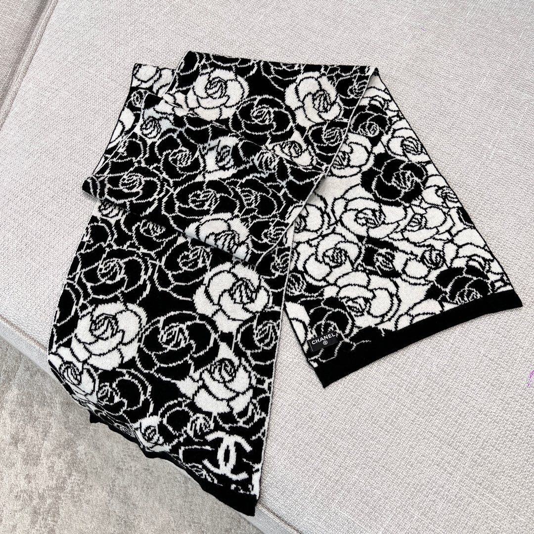 Chanel camellia scarf in a black and white floral pattern
