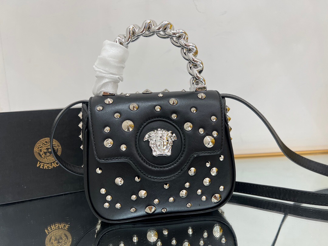 Versace Studded La Medusa Mini Bag in black calf leather with a silver-tone chain handle