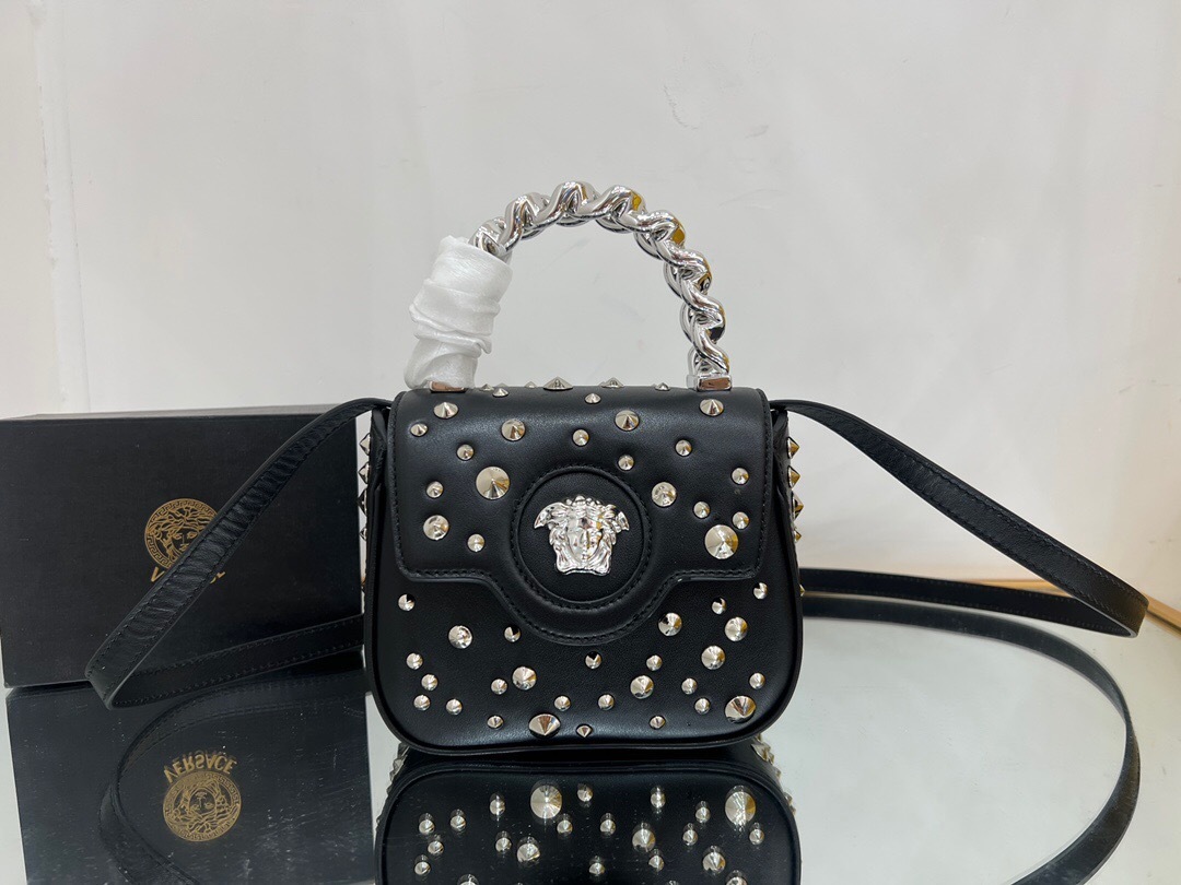 Versace Studded La Medusa Mini Bag in black calf leather with a silver-tone chain handle
