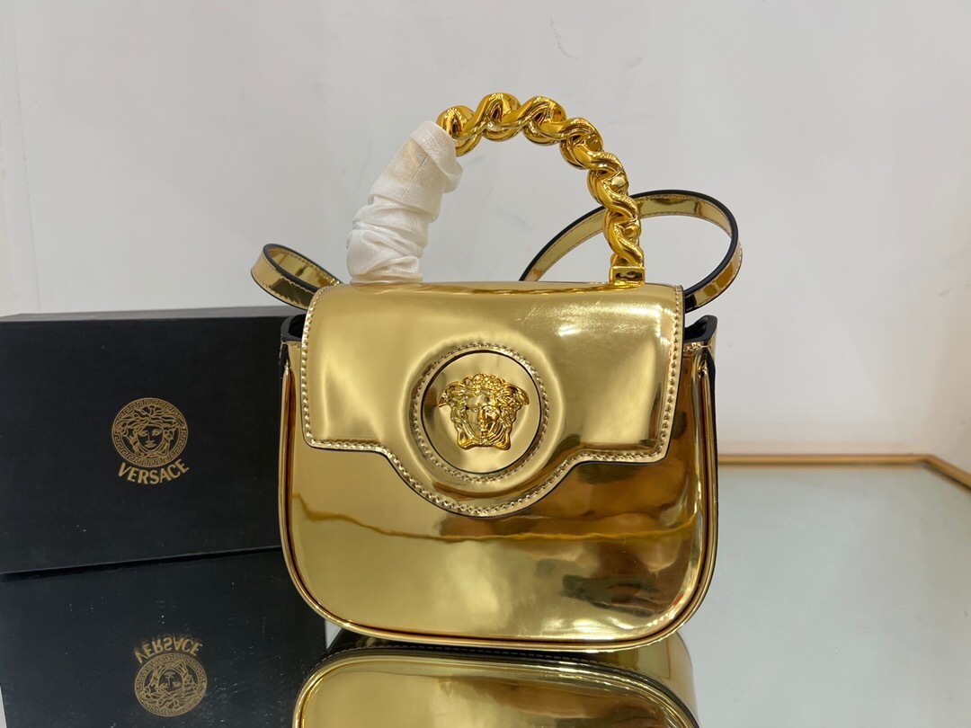 Versace La Medusa patent-leather mini bag in gold