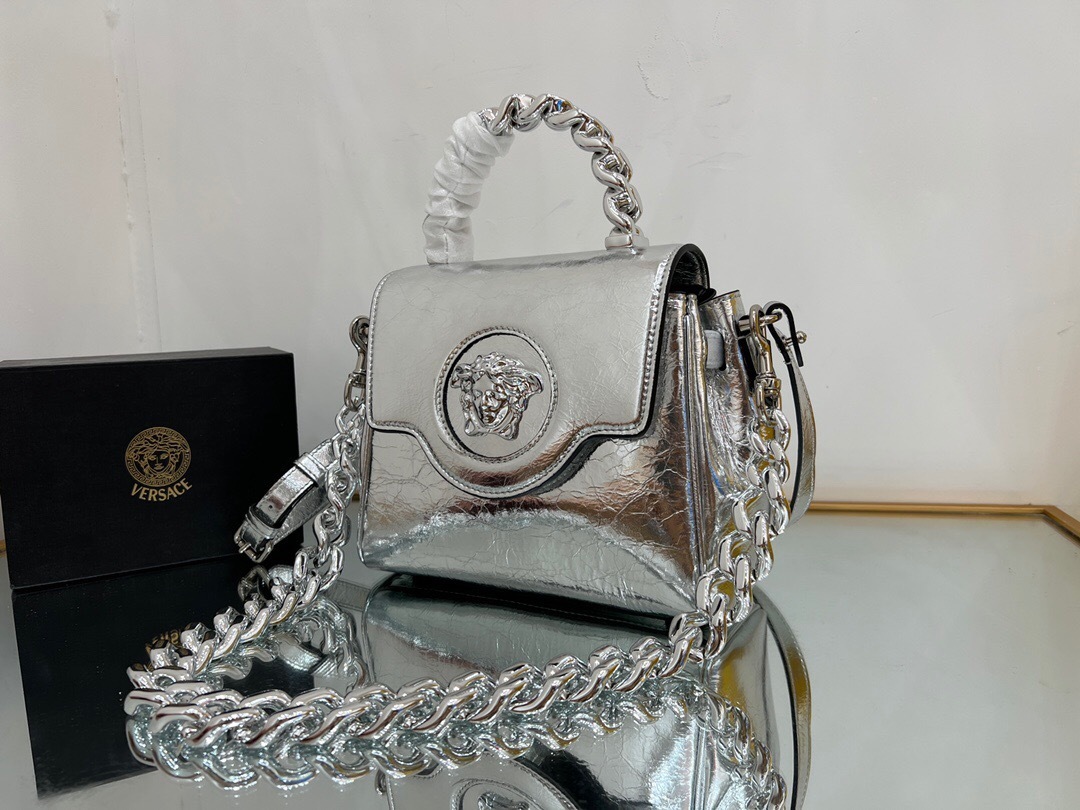 Versace La Medusa small handbag in a metallic silver crackled-effect leather