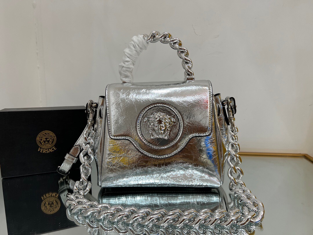 Versace La Medusa small handbag in a metallic silver crackled-effect leather