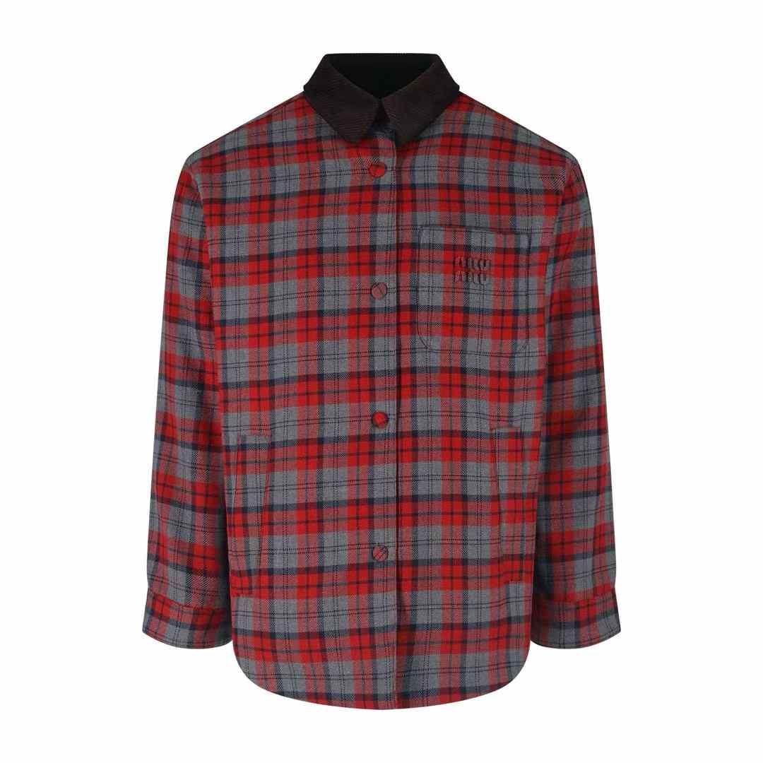 Miu Miu checked virgin wool overshirt with a tartan motif and a corduroy collar