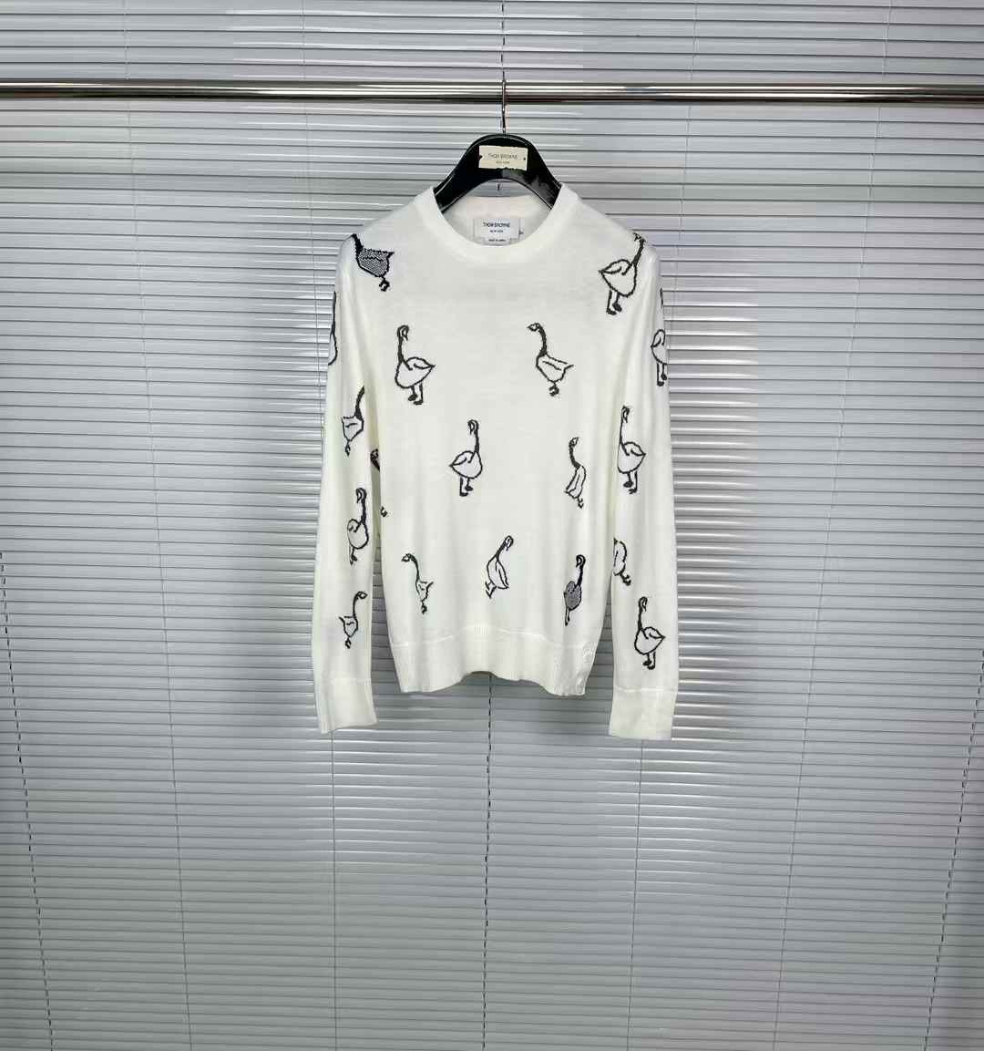 thom browne white crewneck sweater with a goose print