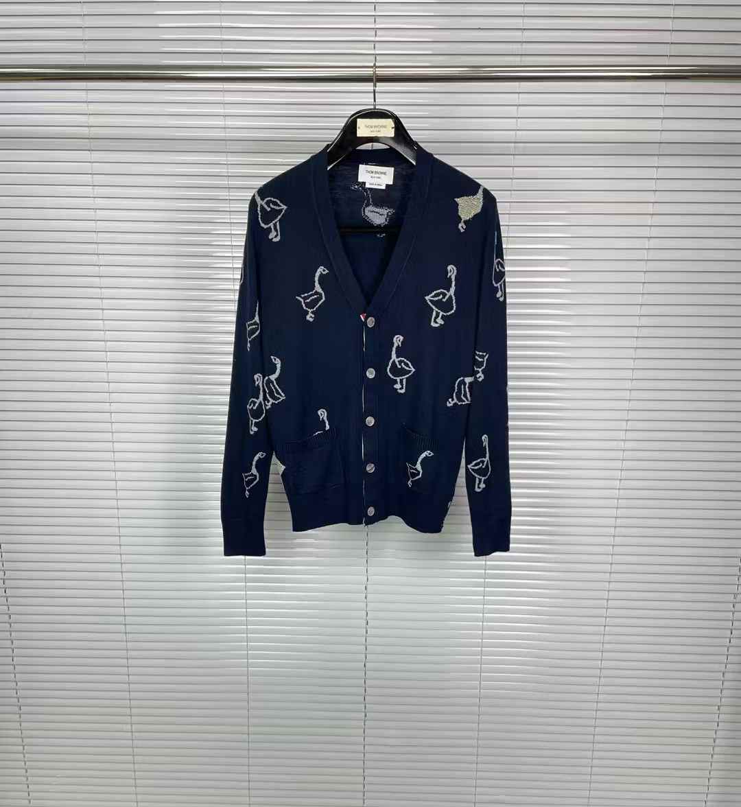 Thom Browne Geese Intarsia Merino Wool Relaxed Fit V Neck Cardigan