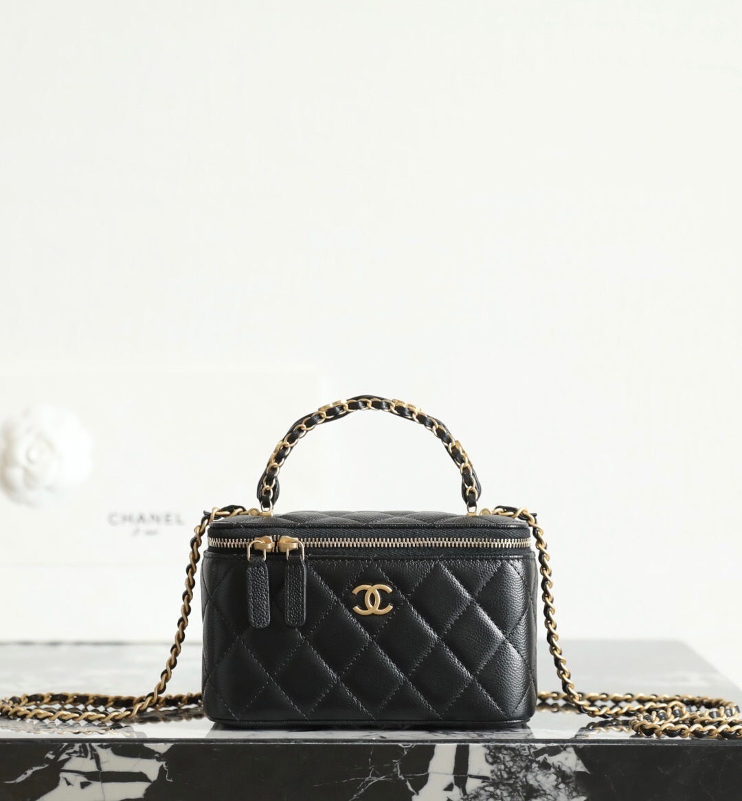 Chanel Small Top Handle Vanity Case in black lambskin leather with light gold-tone hardware