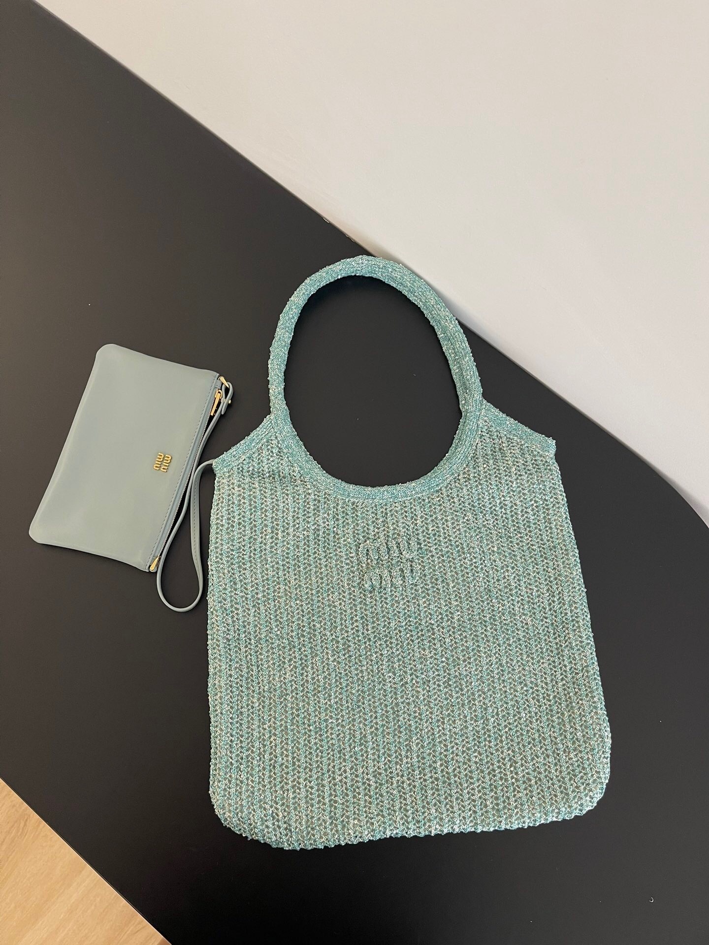 Miu Miu Ivy Sequin Mesh Bag in a light green or anise color