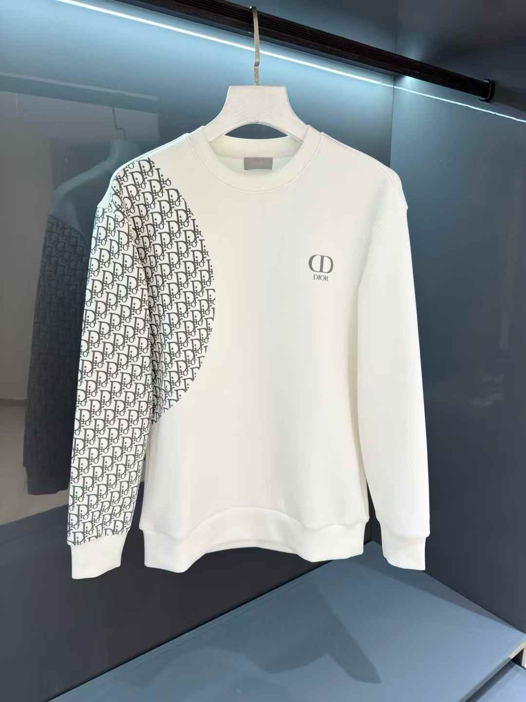 christian dior white sweatshirt with the "CD" logo on the chest and a Dior Oblique motif on the left sleeve