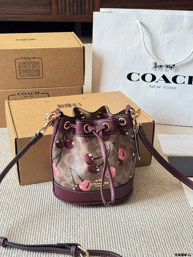 Coach Mini Bucket Bag in Signature Canvas with Cherry Print