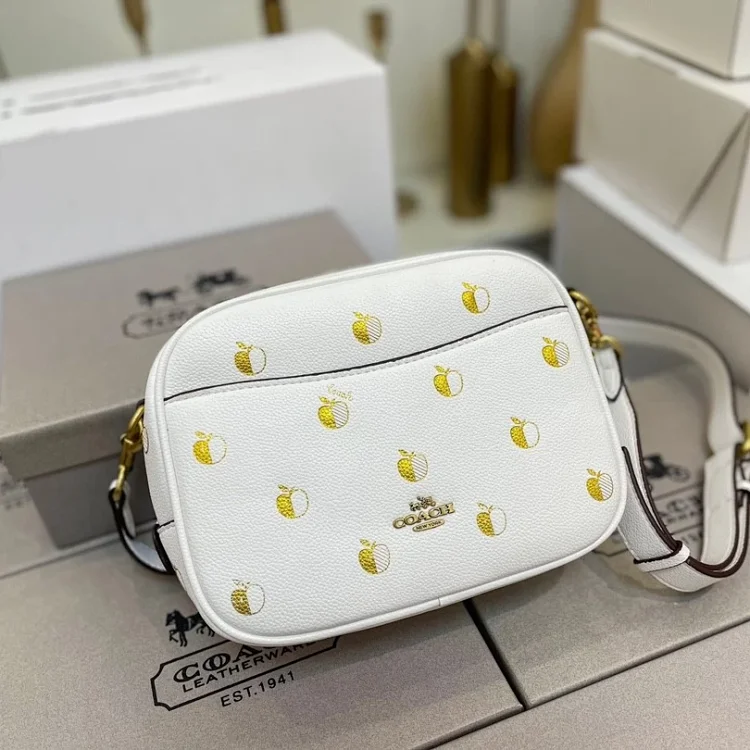 Coach Gold Foil Apple Print Leather Camera Bag 16 in Chalk