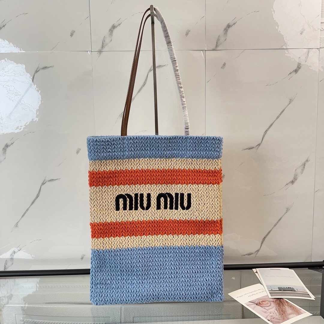 Miu Miu striped crochet tote bag with an embroidered logo on the front