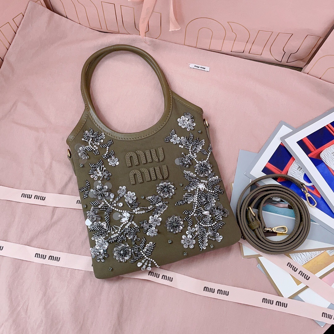 Miu Miu Ivy embroidered gabardine bag in olive green