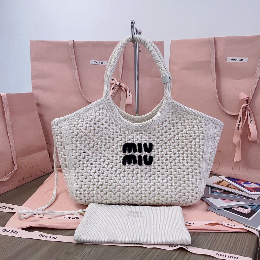 Miu Miu Ivy Cotton Mesh Tote Bag in chalk white and black with knit handles