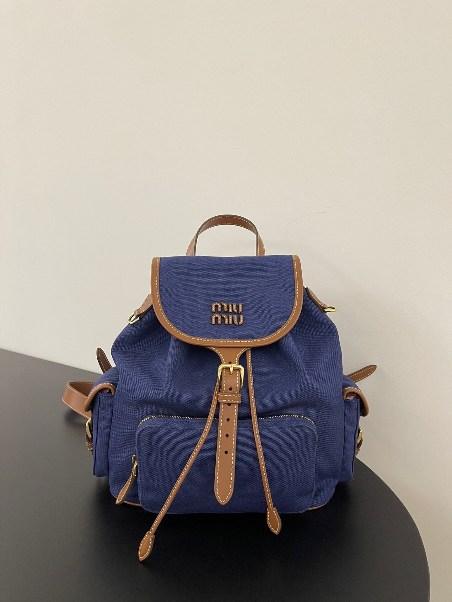 Miu Miu cornflower blue canvas and leather backpack