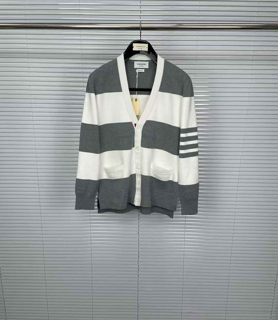 Thom Browne 4-Bar striped cardigan in grey and white