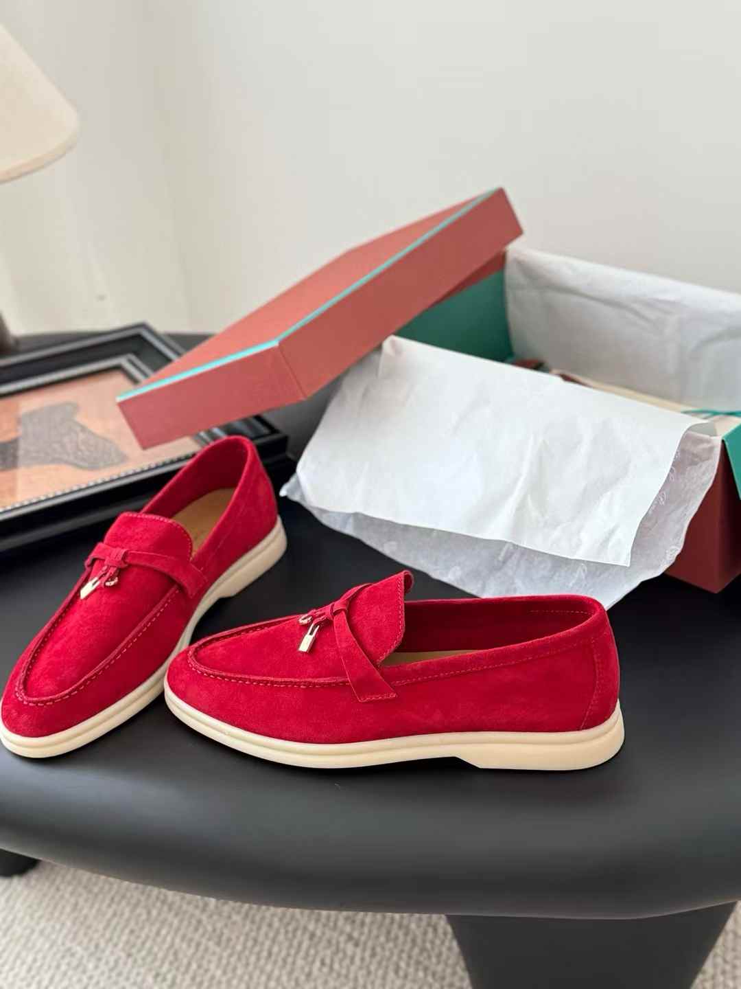 Loro Piana Summer Walk loafers in red suede with a white rubber sole