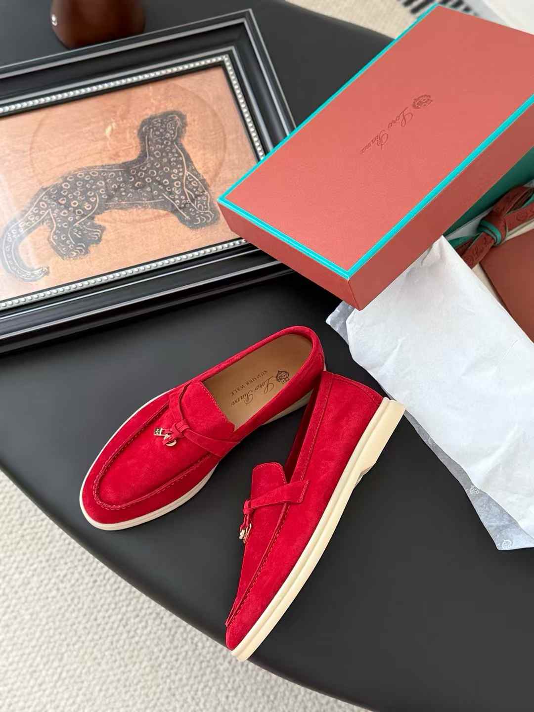 Loro Piana Summer Walk loafers in red suede with a white rubber sole