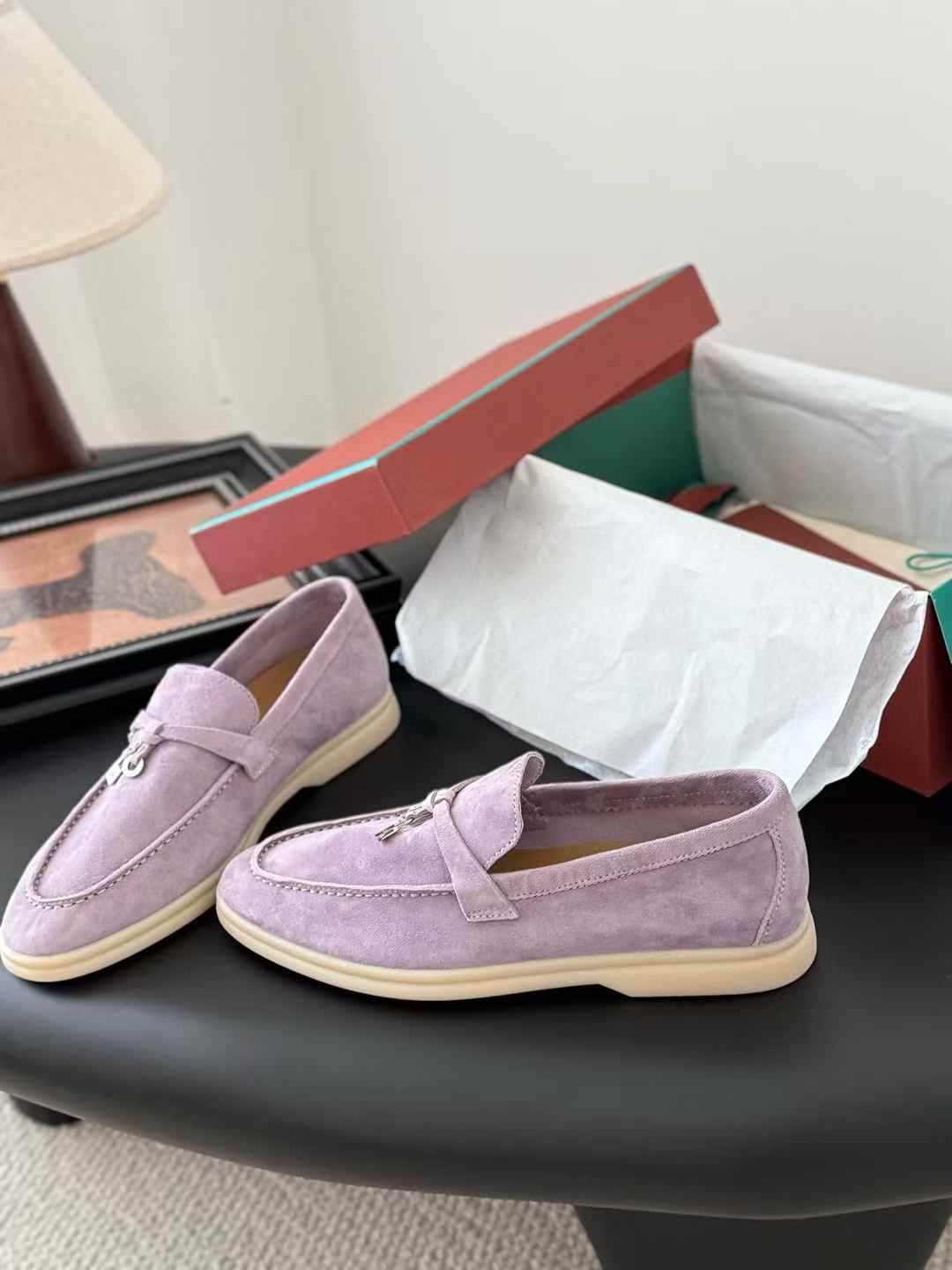 Loro Piana Summer Walk loafers in light purple suede with a white rubber sole
