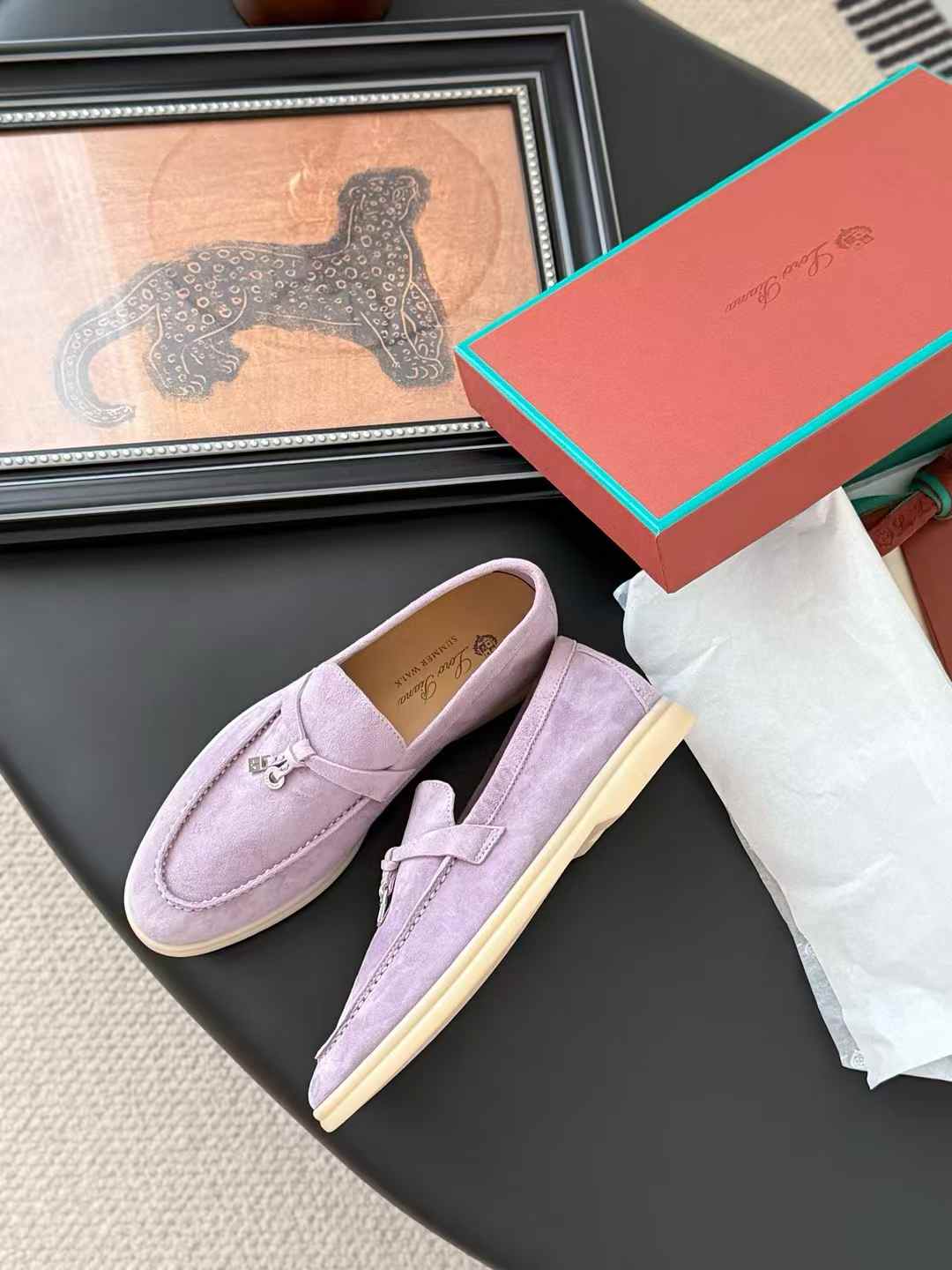 Loro Piana Summer Walk loafers in light purple suede with a white rubber sole