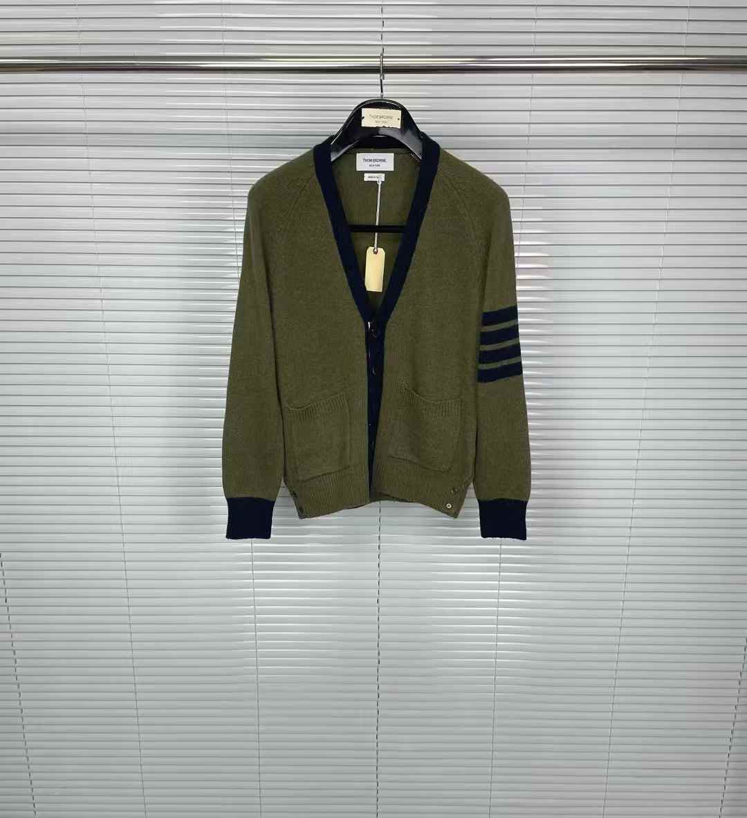 Thom Browne green 4-Bar stripe cardigan made of wool
