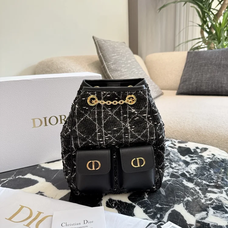 Dior Caro Backpack in black tweed with a white Cannage motif Medium