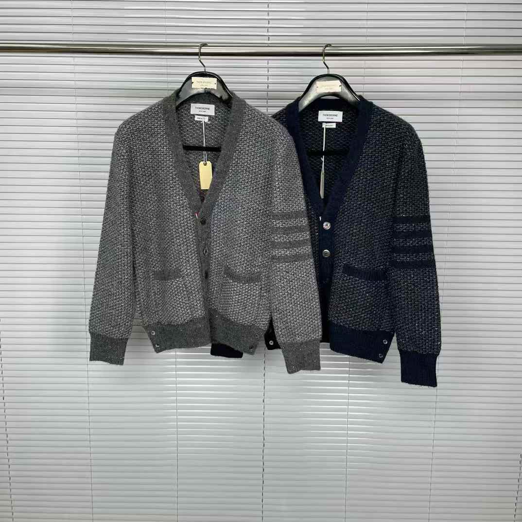 Thom Browne 4-Bar textured-knit cardigan Grey and Black