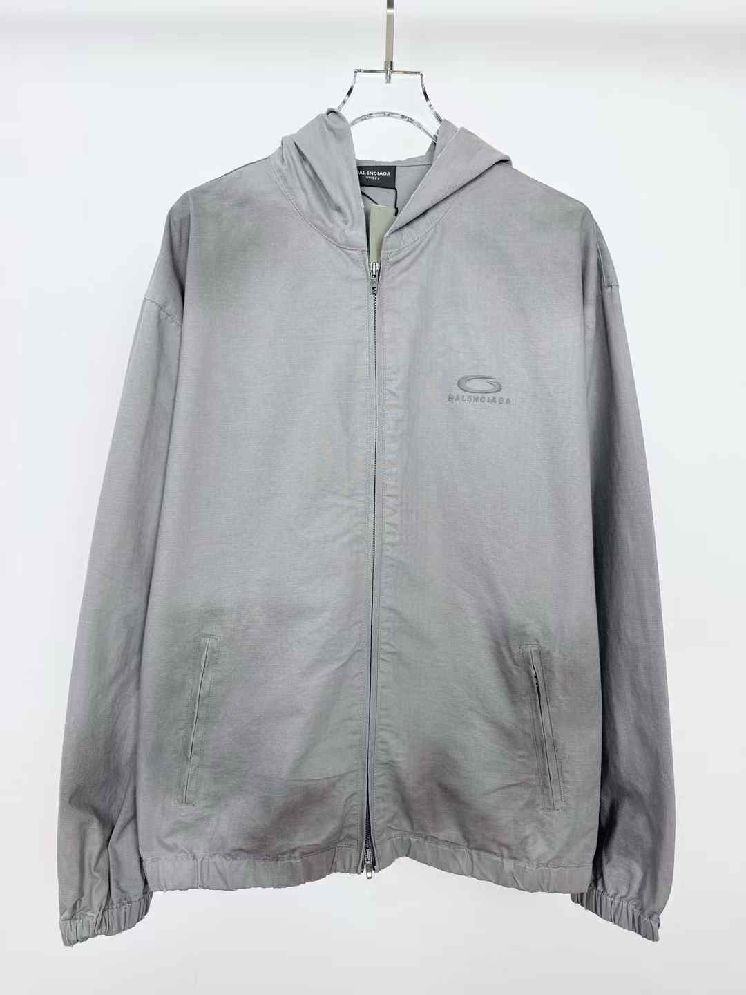 Balenciaga Oversized Zip-Up Hoodie in grey cotton ripstop with a loop sports icon embroidery on the chest