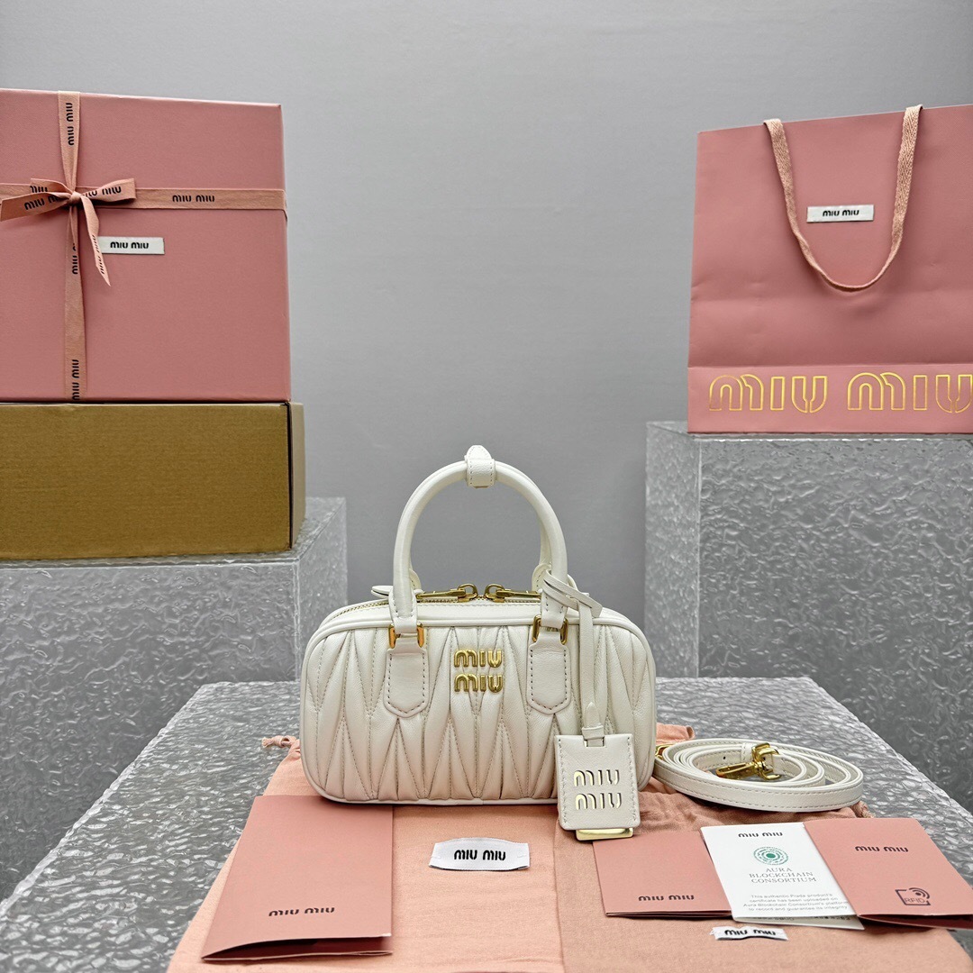 Miu Miu Arcadie Matelassé Leather Mini Top-Handle Bag in white