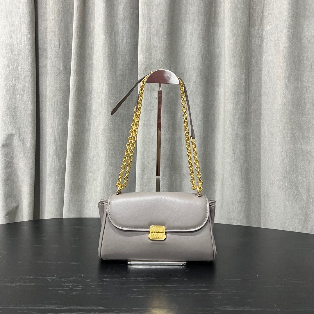Miu Miu Leather Shoulder Bag in Clay Grey with a gold chain strap