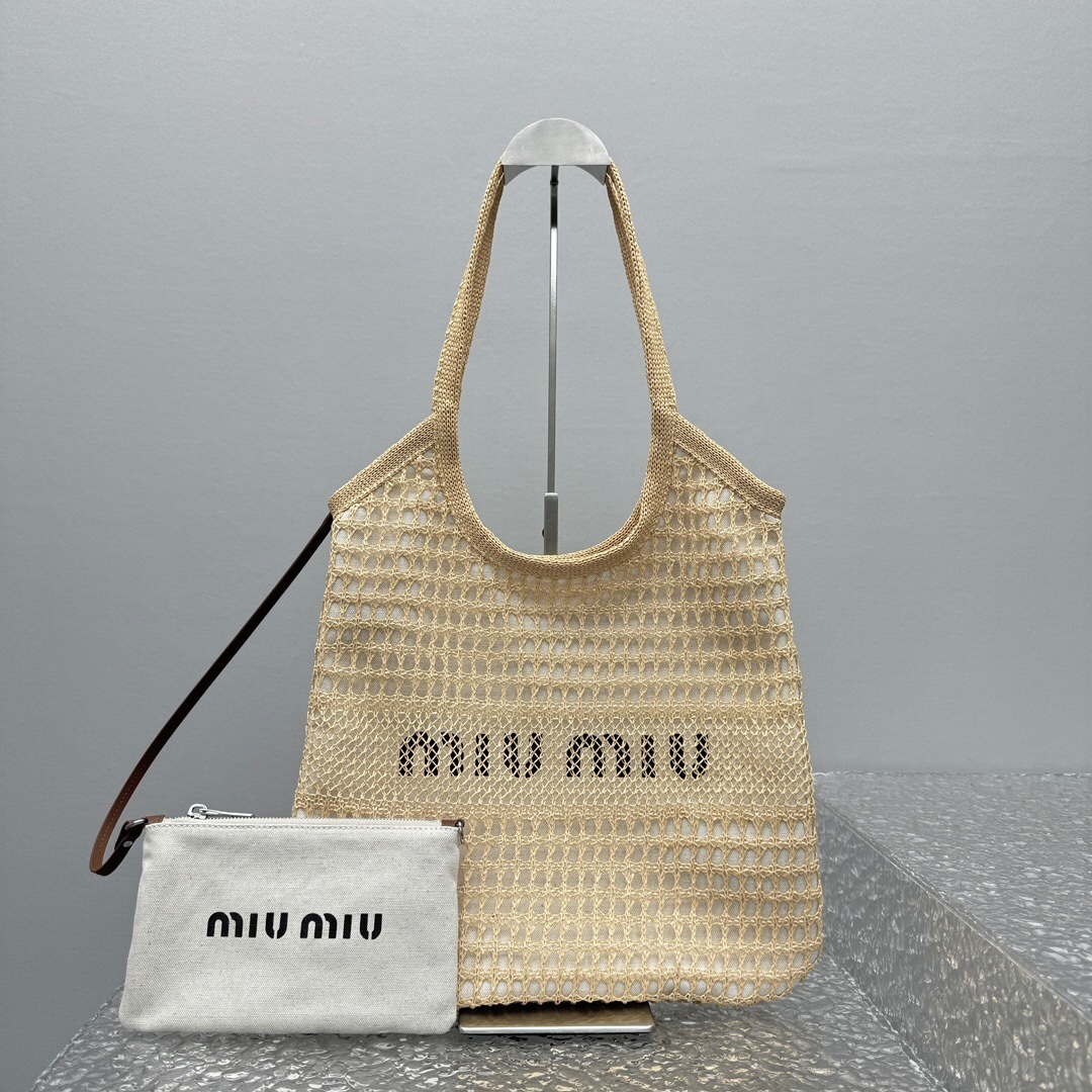 Miu Miu crochet raffia tote bag