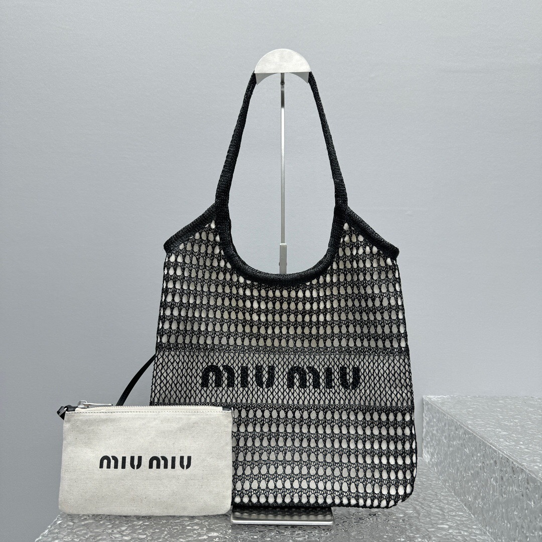 Miu Miu Ivy tote bag in black mesh raffia and linen