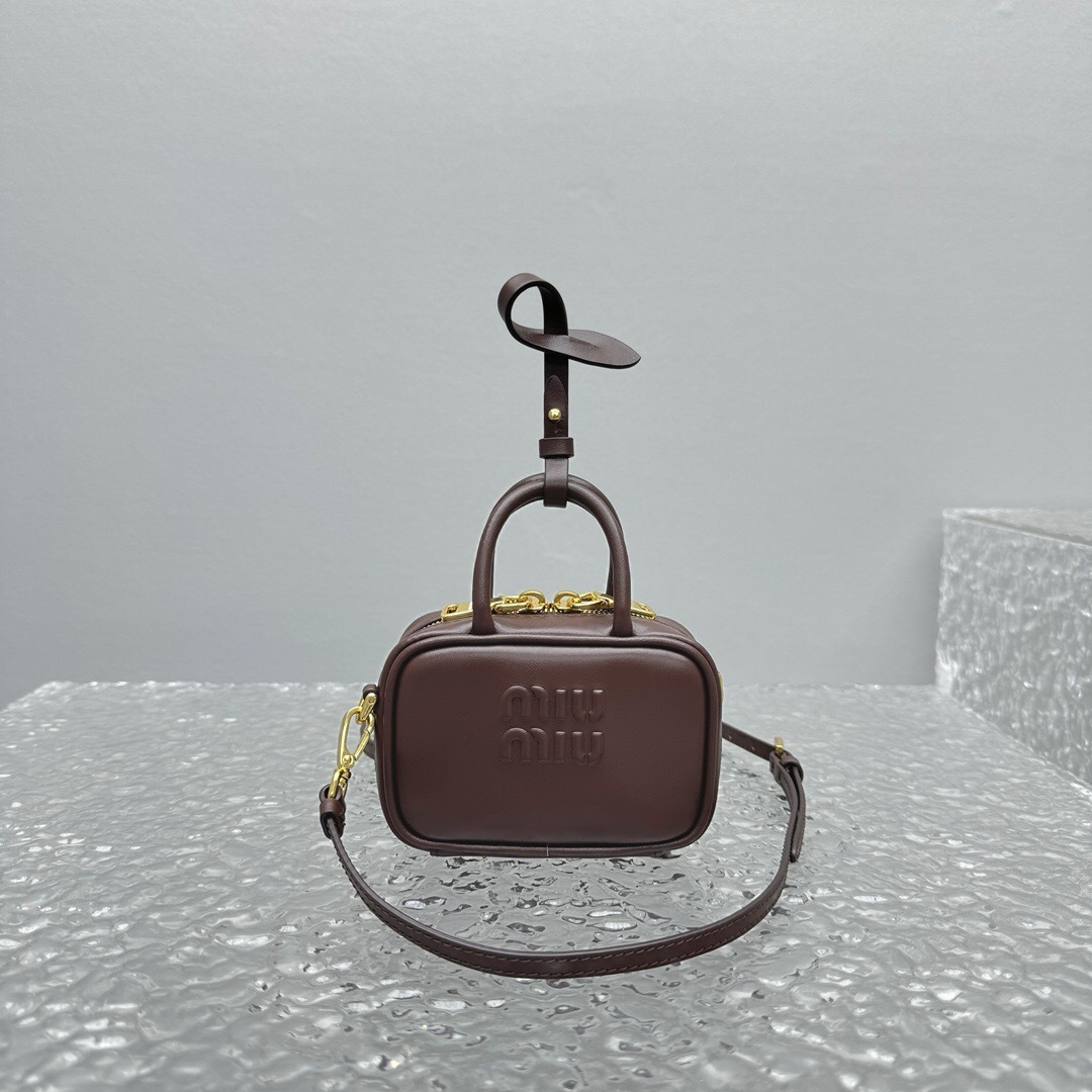 Miu Miu Beau logo-debossed leather micro bag in coffee brown