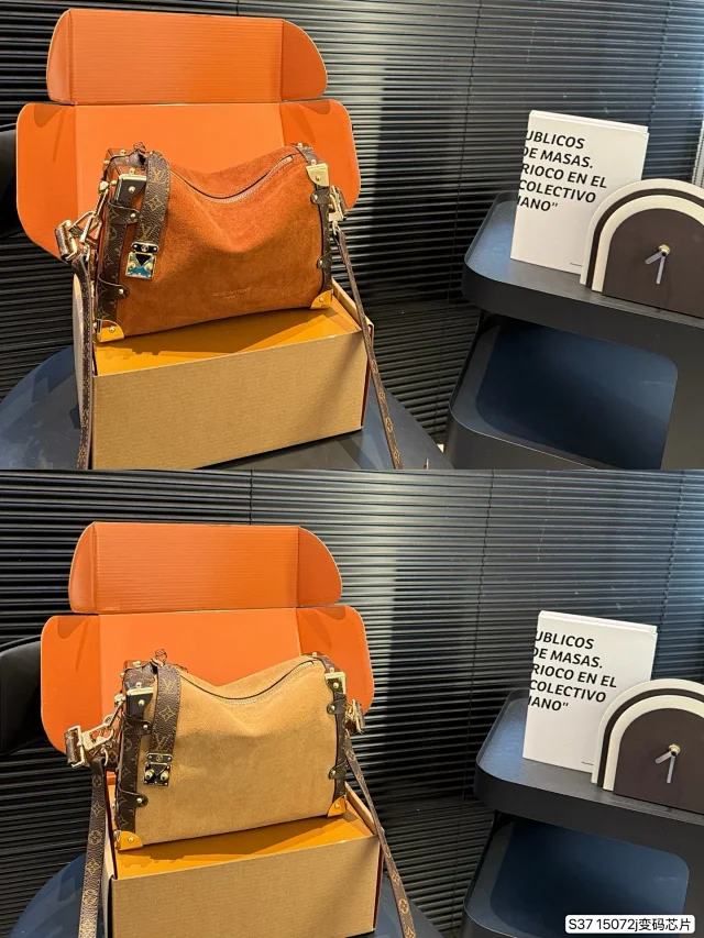 LV Side Trunk MM handbag in a tan suede calfskin leather with Monogram coated-canvas trim all colors